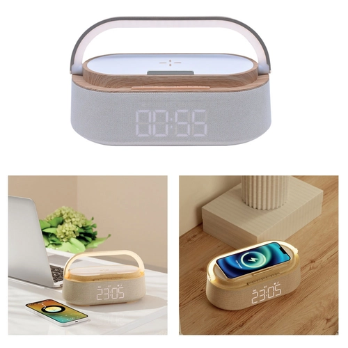 5’i 1 Arada Bluetooth Hoparlör, Kablosuz Şarj, Saat, Telefon Standı, Masa Lambası